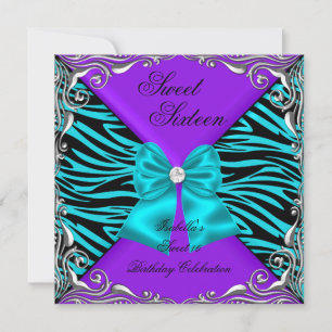 Süße 16er-Party-Zebra-Lila-Türkis-Diamant-Bogen Einladung