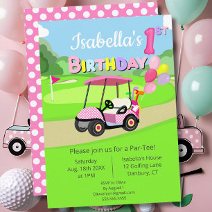 Süße 1. Geburtstags-Polka-Punkt-Rosa-Mädchen-Golf Einladung