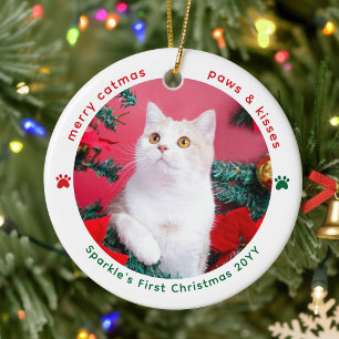 Süße 2-Tier-Foto-Katzen-Erste-Weihnachten Keramik Ornament