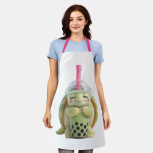Süße 3D-Cartoon-Schildkröte umarmt Matcha-Boba-Tee Schürze
