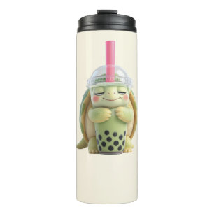 Süße 3D-Cartoon-Schildkröte umarmt Matcha-Boba-Tee Thermosbecher