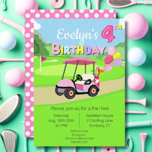Süße 4. Geburtstags-Golf-Polka-Punkte-Rosa Mädchen Einladung