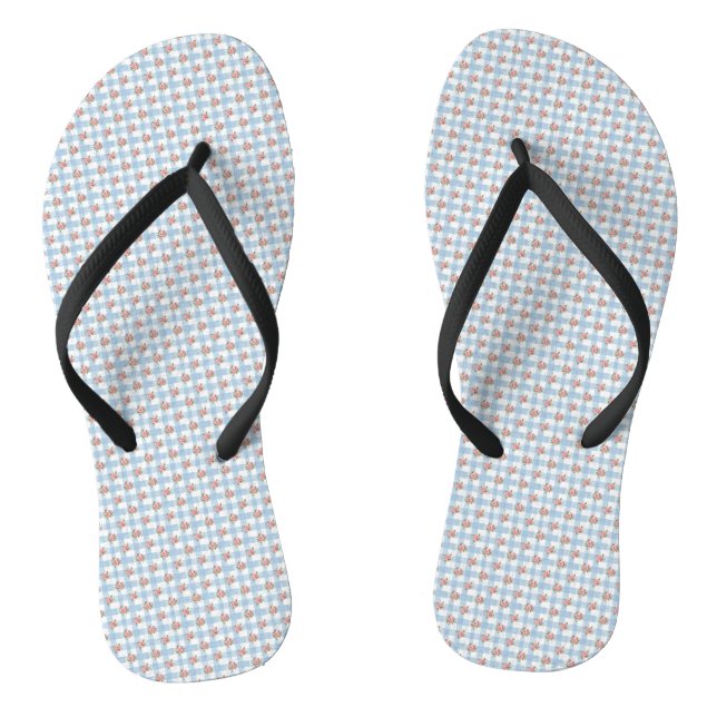 Süße 50er Retro-Rosebud Blaue Gingham-Karo Flip Flops (Fußbett)