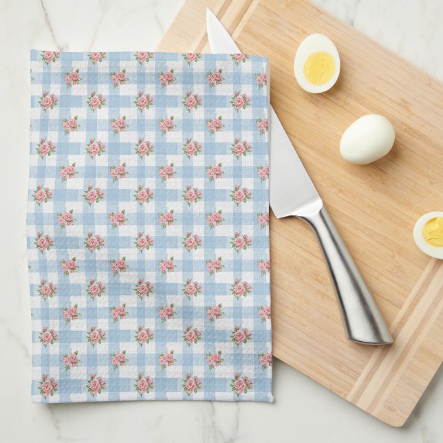 Süße 50er Retro-Rosebud-Blaue Gingham-Karo Geschirrtuch (Viertel Falte)