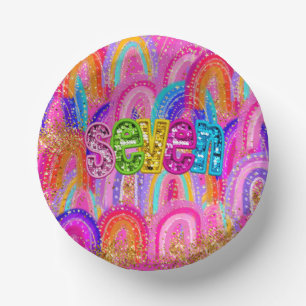 Süße 7. Geburtstags-Regenbogen-Gold-Glitter Pappteller