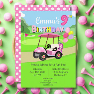 Süße 9. Geburtstags-Polka-Punkt-Rosa-Mädchen-Golf Einladung