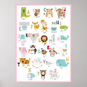 Süße ABCs Bunter rosa Rahmen Tier Alphabet Poster