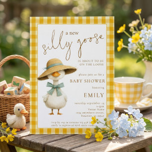 Süße alberne Gans gelbe Gingham-Babyparty Einladung