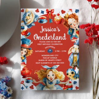 Süße Alice in ONEDERLAND 1. Geburtstags-Teeparty Einladung