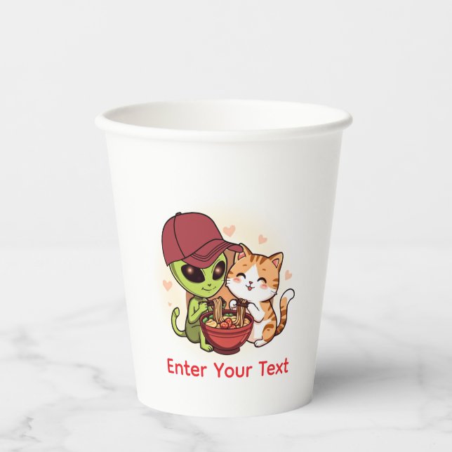 Süße Alien-Katzen-Ramen Kawaii-Kunst Pappbecher (Vorderseite)
