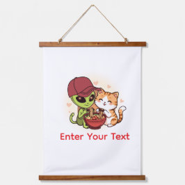 Süße Alien-Katzen-Ramen Kawaii-Kunst Wandteppich Mit Holzrahmen