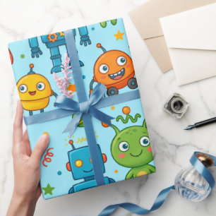 Süße Aliens und Roboter Weltraummuster Geschenkpapier