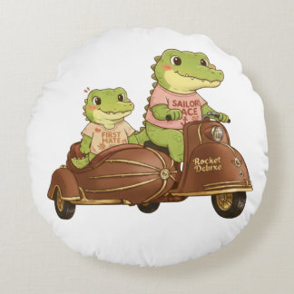 Süße Alligatoren auf einem Vintage-Roller mit Beiw Rundes Kissen