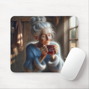 süße alte Dame mit Morgenkaffee Mousepad