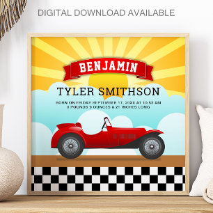 Süße alte rote Rennwagen-Baby-Geburtsstatistik Poster