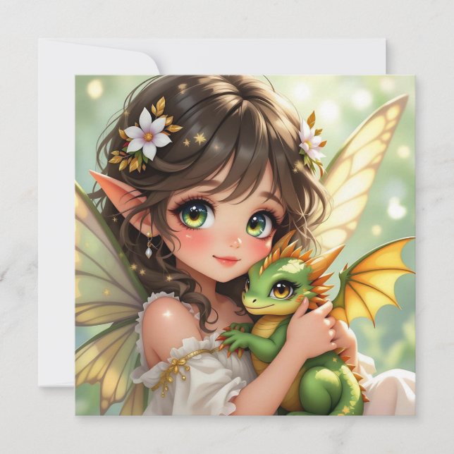 Süße Anime-Fee und Chibi-Drache  (Vorderseite)
