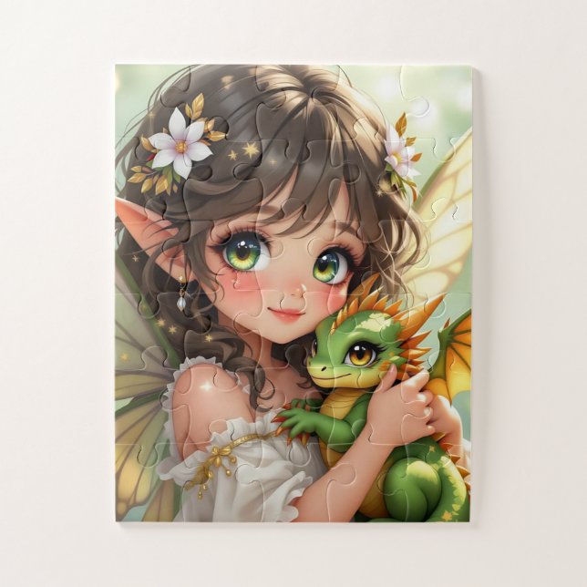 Süße Anime-Fee und Chibi-Drache  Puzzle (Vertikal)