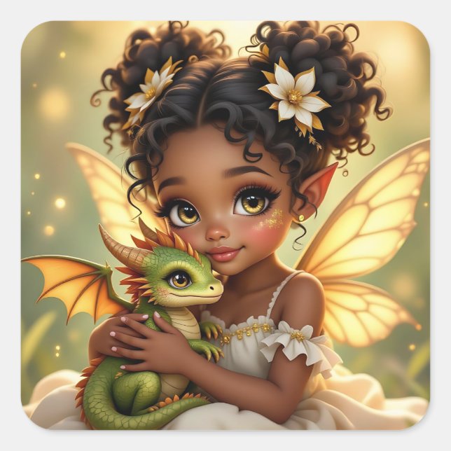 Süße Anime-Fee und Chibi-Drache Quadratischer Aufkleber (Vorderseite)