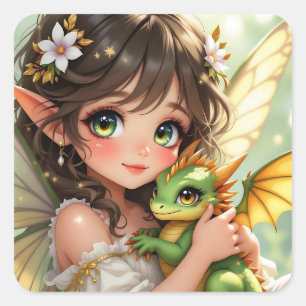 Süße Anime-Fee und Chibi-Drache  Quadratischer Aufkleber