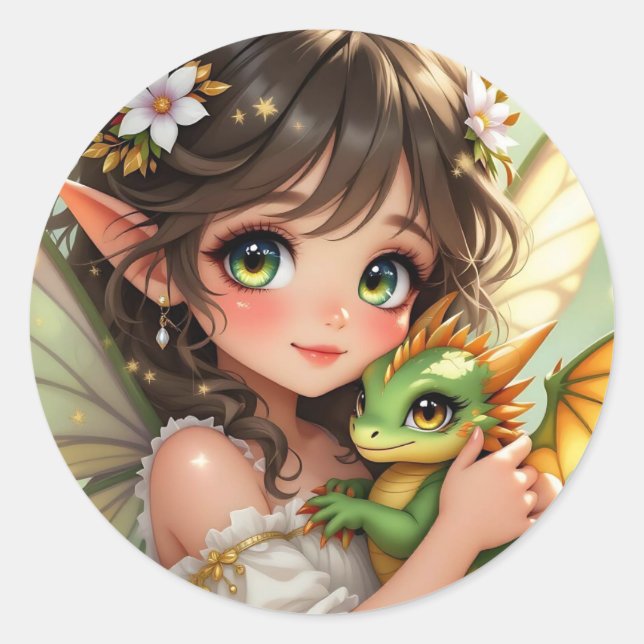 Süße Anime-Fee und Chibi-Drache  Runder Aufkleber (Vorderseite)