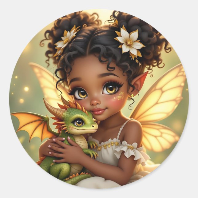 Süße Anime-Fee und Chibi-Drache Runder Aufkleber (Vorderseite)