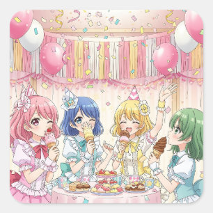 Süße Anime-Girl-Eiscreme-Geburtstagsfeier Quadratischer Aufkleber
