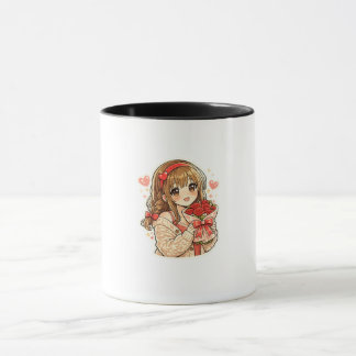 Süße Anime-Girl mit roten Rosen haltendem Kaffeebe Tasse
