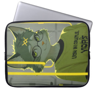 Süße Anime-Katze mit Brille Limettgrün-Grafik Laptopschutzhülle