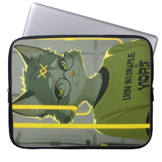 Süße Anime-Katze mit Brille Limettgrün-Grafik Laptopschutzhülle