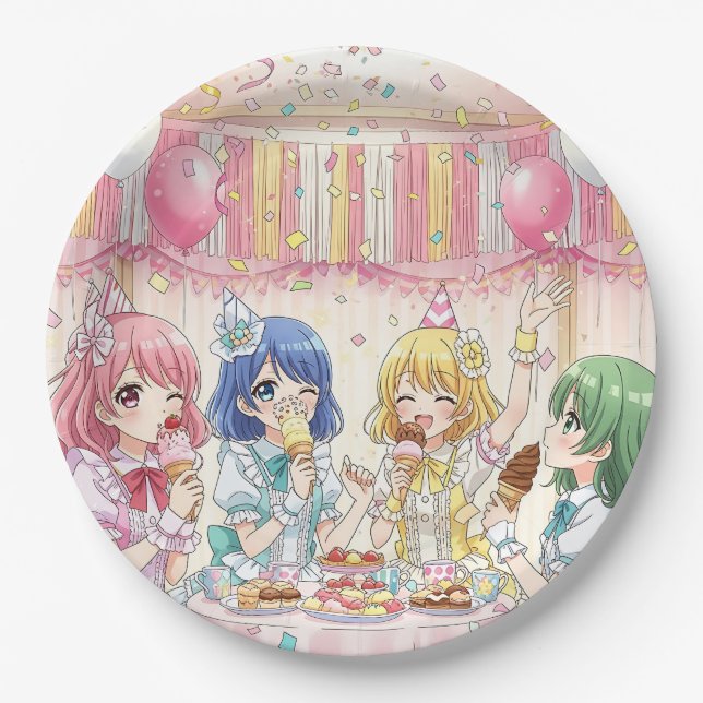 Süße Anime-Mädchen-Eiscreme-Geburtstagsfeier   Pappteller (Vorderseite)