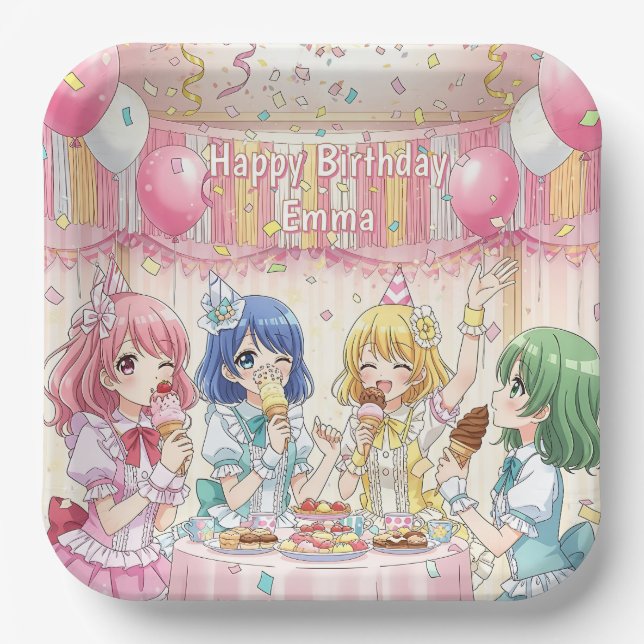 Süße Anime-Mädchen-Eiscreme-Geburtstagsfeier   Pappteller (Vorderseite)