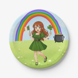 Süße Anime-Rothaarige am St. Patrick's Day Pappteller