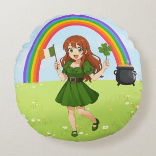 Süße Anime-Rothaarige am St. Patrick's Day   Rundes Kissen