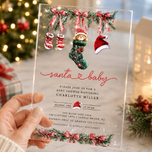Süße Ankunft des Weihnachtsmanns Baby Shower Acryleinladungen