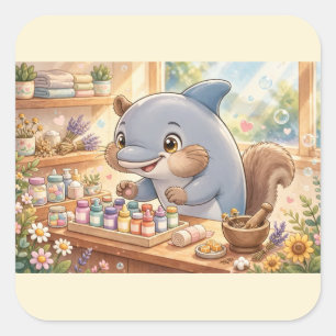 Süße Apotheke Delfin Eichhörnchen Quadratischer Aufkleber