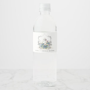 Süße aqua blaue Blumen Teekanne Wappen Brautdusche Wasserflaschenetikett