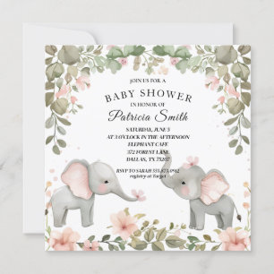 Süße Aquarell-Blumen-Elefanten-Baby-Party Einladung
