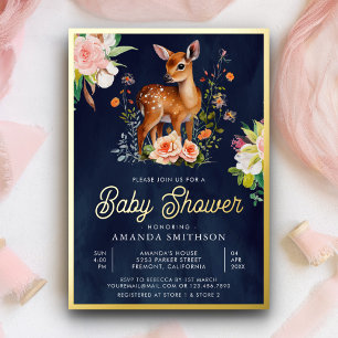 Süße Aquarell-Blumenhirsch Navy Baby Shower Gold Folieneinladung