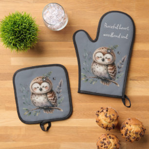 Süße Aquarell-Eule im floralen Wald-Stil Ofenhandschuh & Topflappen-Set