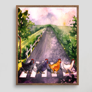 Süße Aquarell-Hühner überqueren die Straße Farm Hu Poster