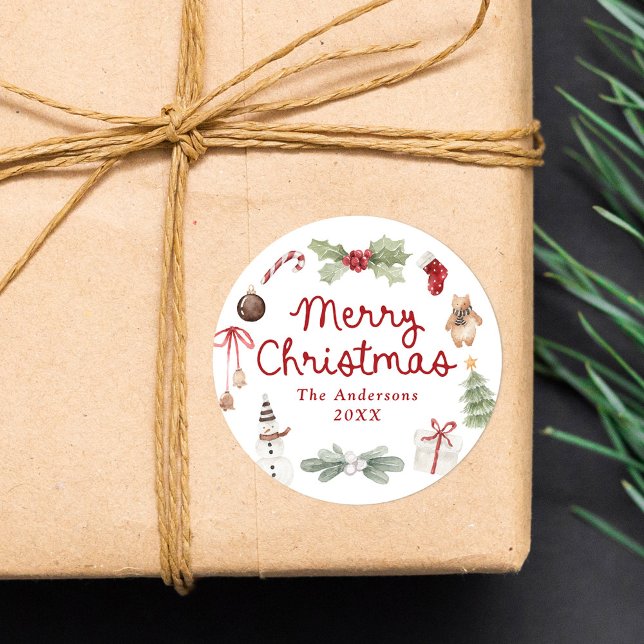 Süße Aquarell-Illustrationen Frohe Weihnachten Runder Aufkleber (Von Creator hochgeladen)