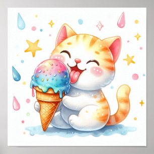 Süße Aquarell-Katze, die Eis isst, Whimsical Poster