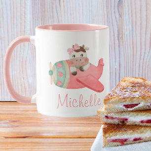 Süße Aquarell-Kuh in rotem Flugzeug, Personalisier Tasse