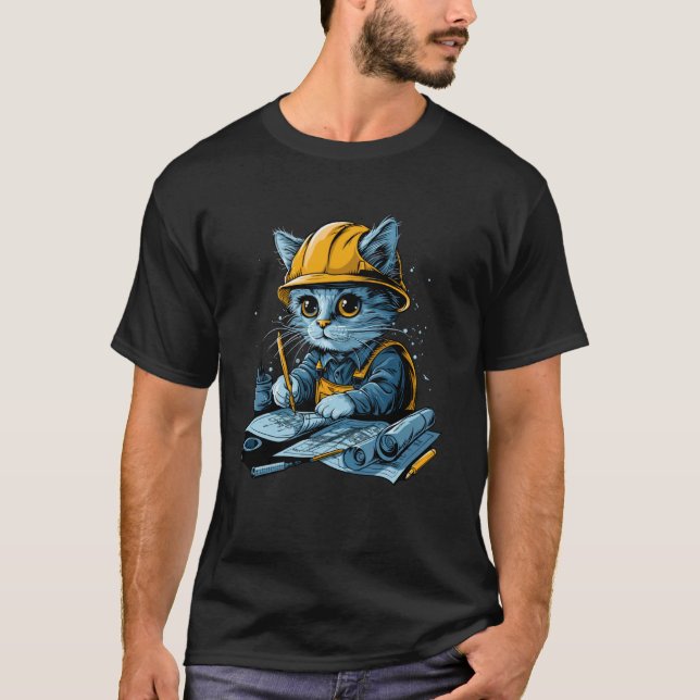 Süße arbeitende Katze Bauingenieur Technikerin T-Shirt (Vorderseite)
