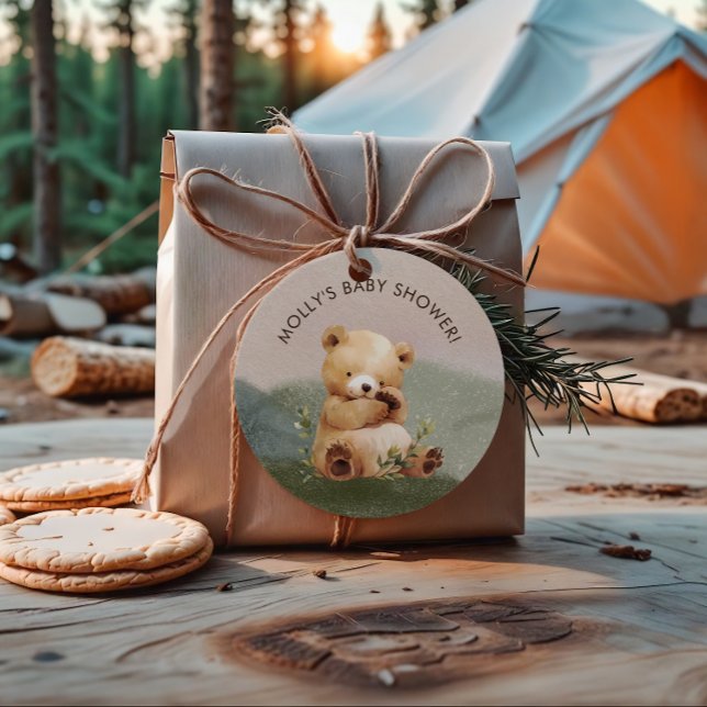 Süsse Baby Bear Watercolor Babydusche Runder Aufkleber (Cutie Baby Bear Watercolor Baby Shower Classic Round Sticker)