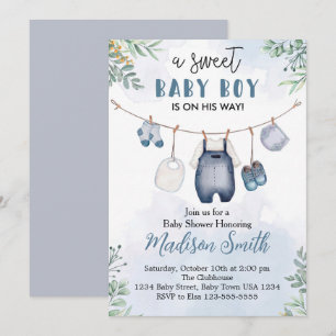 Süße Baby Boy Shower-Einladung Blaues Denim-Set Einladung