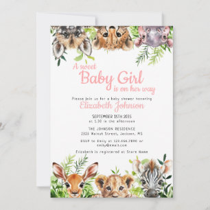 Süße Baby Girl Safari-Tiere Baby Shower Einladung
