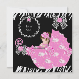 Süße Baby Mädchen Zebra Baby Shower Pink Kinderwag Einladung
