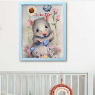 Süße Baby-Maus Pastell-Aquarell-Frühlingsblumen Poster