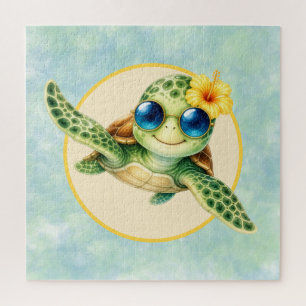 Süße Baby-Meerschildkröten mit tropischen Blumen Puzzle